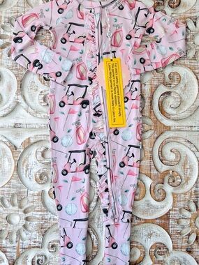 Girls Pink Golf-Print Ruffle One-Piece Bamboo Convertible Zippy